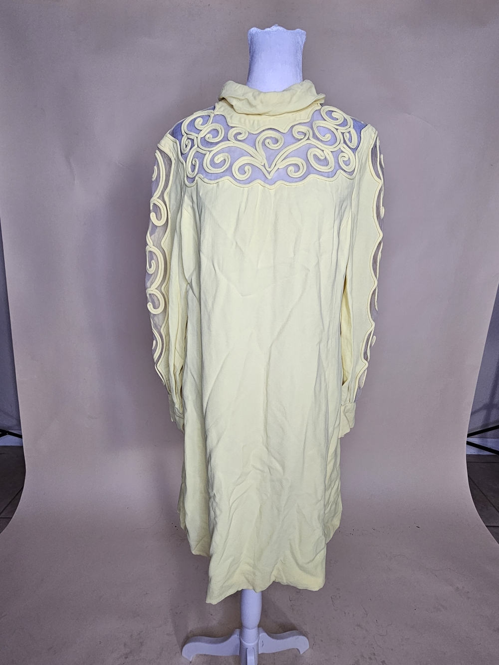 Vintage 1960s Light Yellow Embroidered Mock-Neck Dress